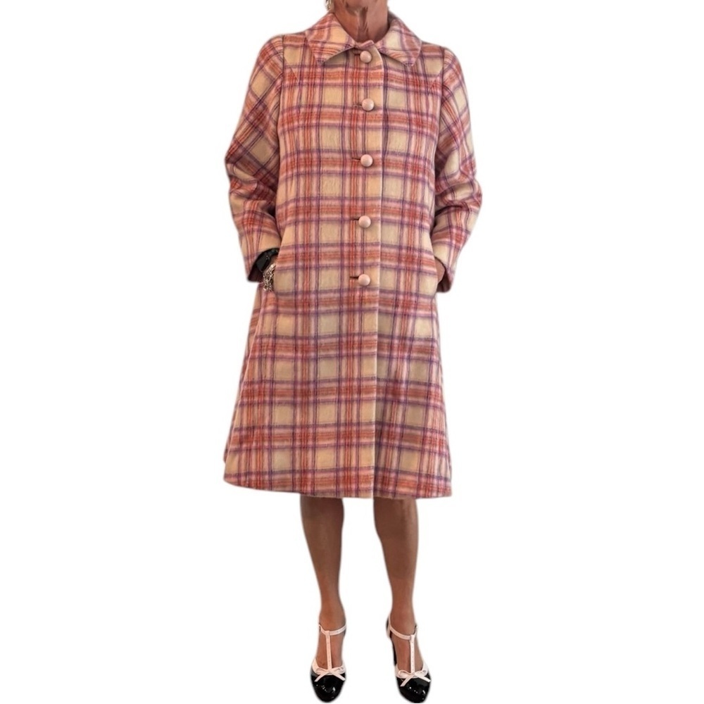 Vintage 1950s Louis Goldstein Plaid Pink Women's Wool Dress Coat Medium - Picture 2 of 16